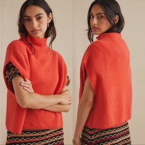 Anthropologie Coral Ribbed Short-Sleeve Mock Neck Sweater